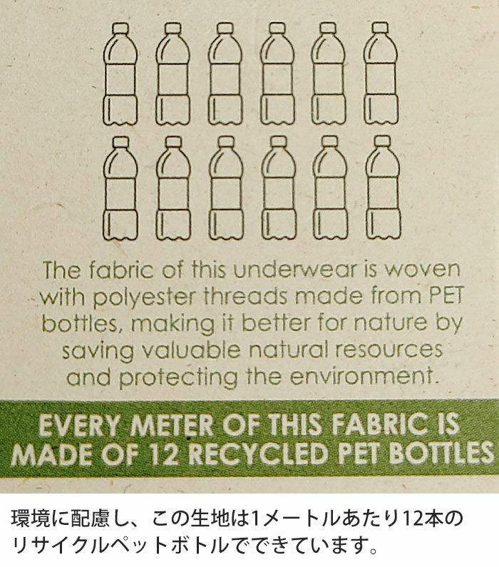 PUMP DRIP Tバックはサステナブルなパンツです。環境に配慮し、この生地は1メートルあたり12本のリサイクルペットボトルでできています。